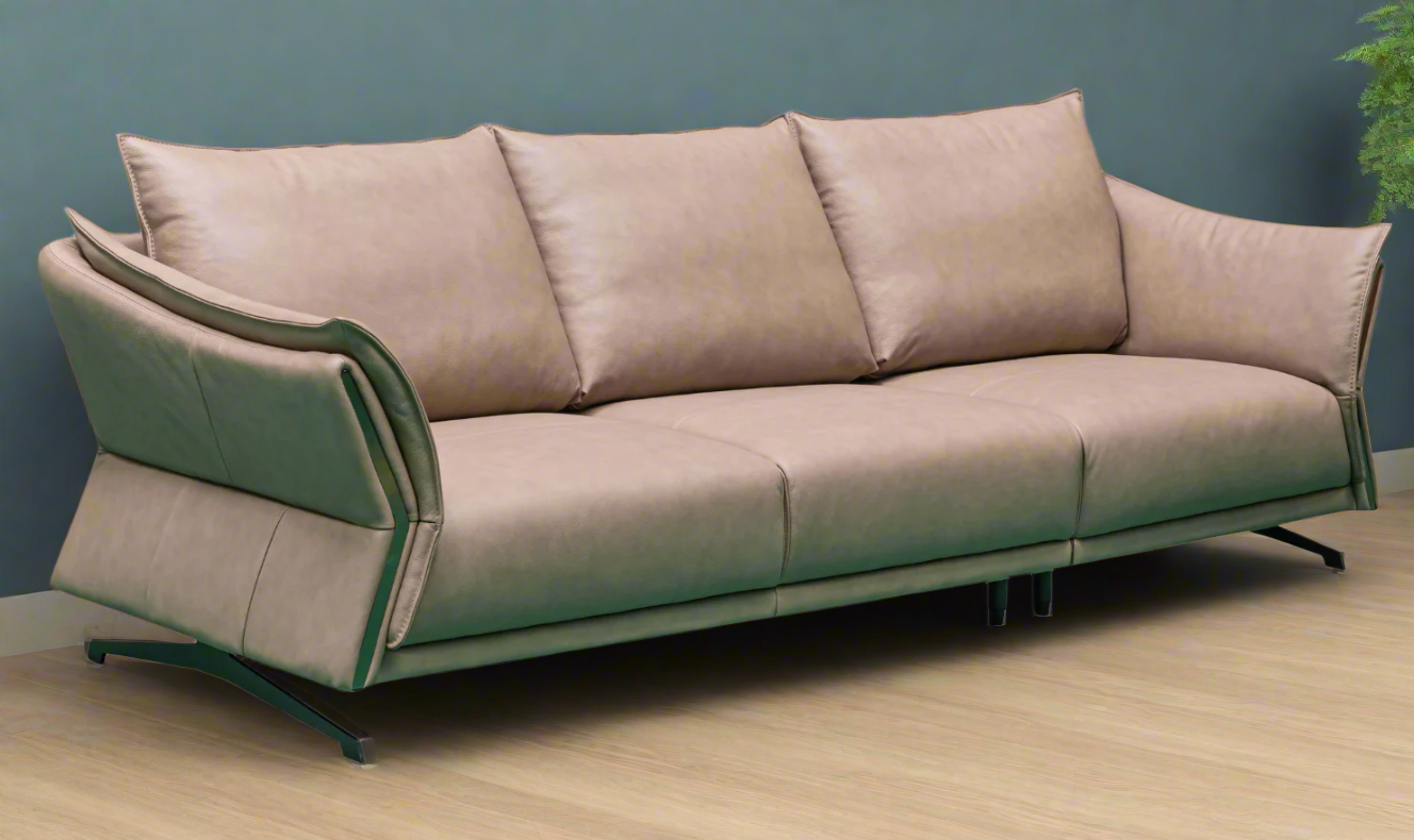 3-Seater Brown Leather Sofa with Attached Back Cushion