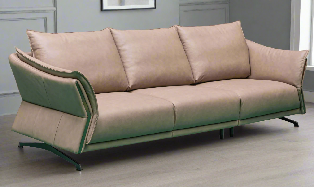 3-Seater Brown Leather Sofa with Attached Back Cushion