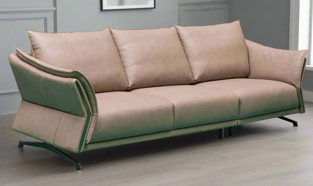 3-Seater Brown Leather Sofa with Attached Back Cushion