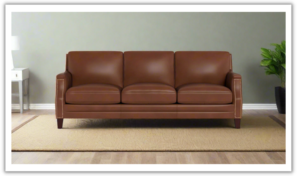 Camano 3 Seater 84" Leather Sofa With Nail-Head Finish