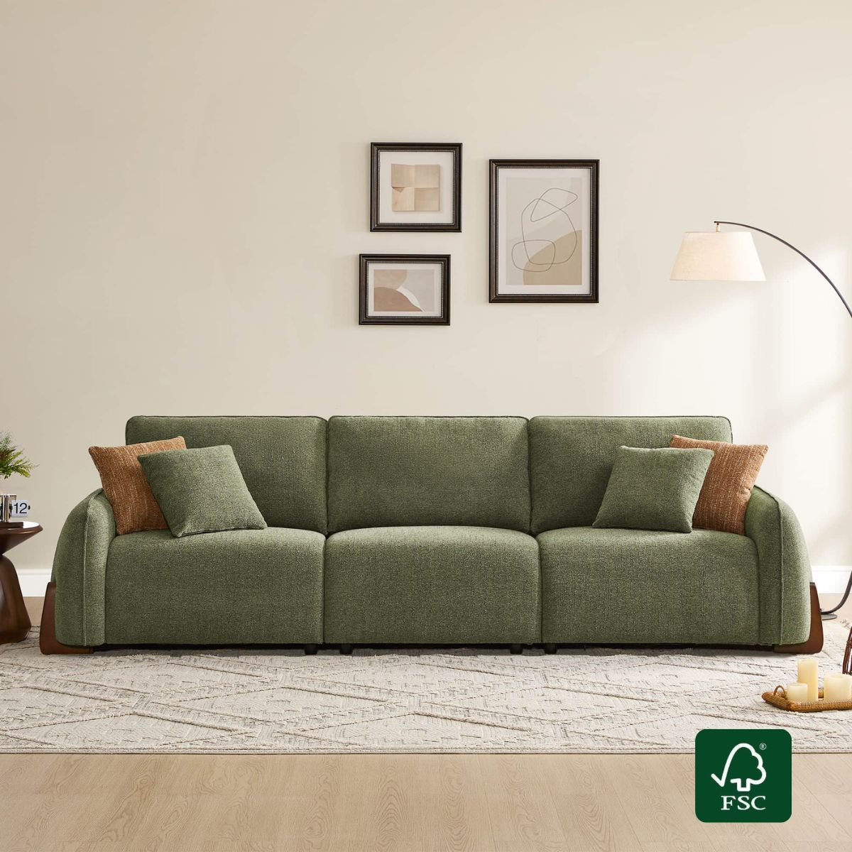 3-Seat Curved Sofa with Wooden Legs in Teleri Fabric