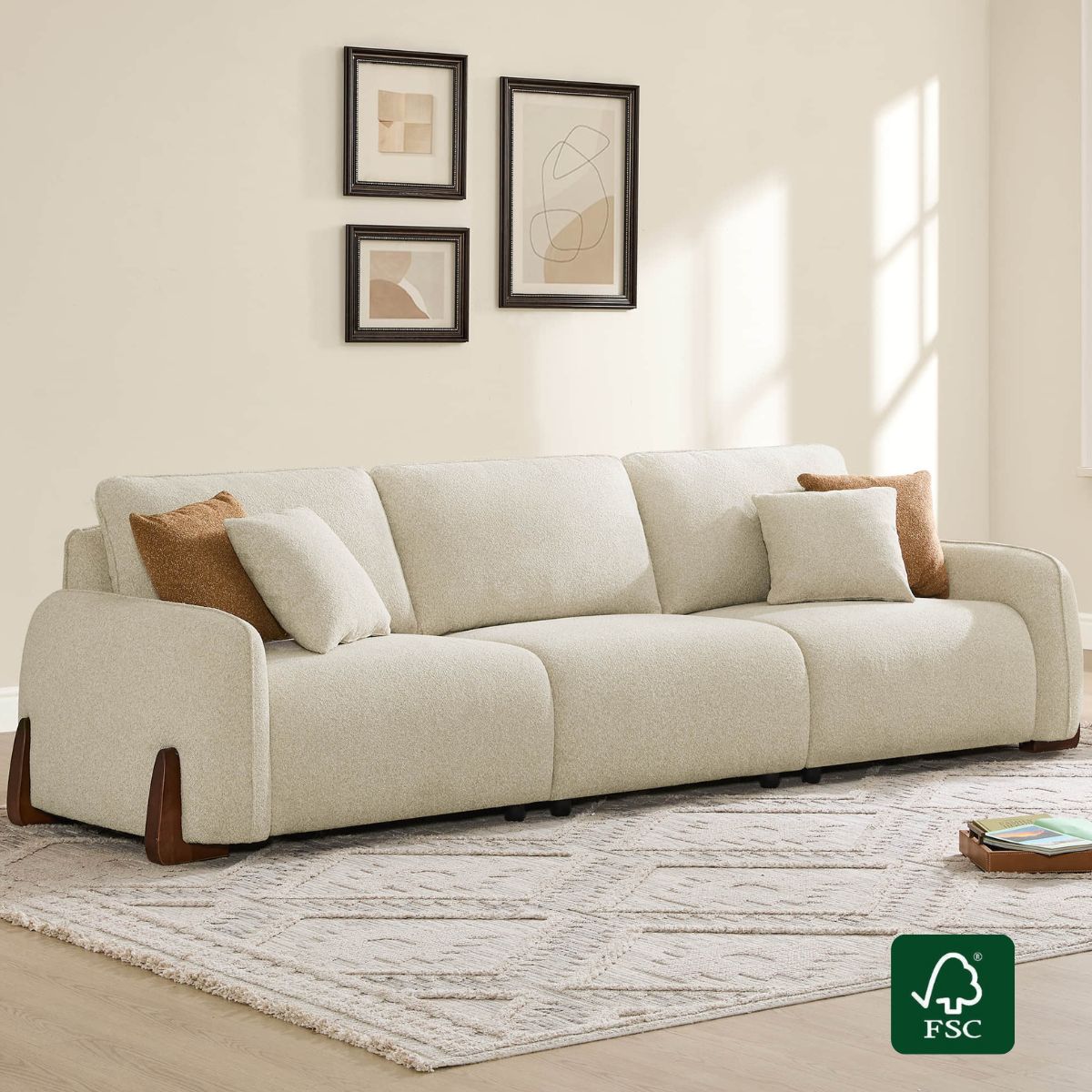 3-Seat Curved Sofa with Wooden Legs in Teleri Fabric