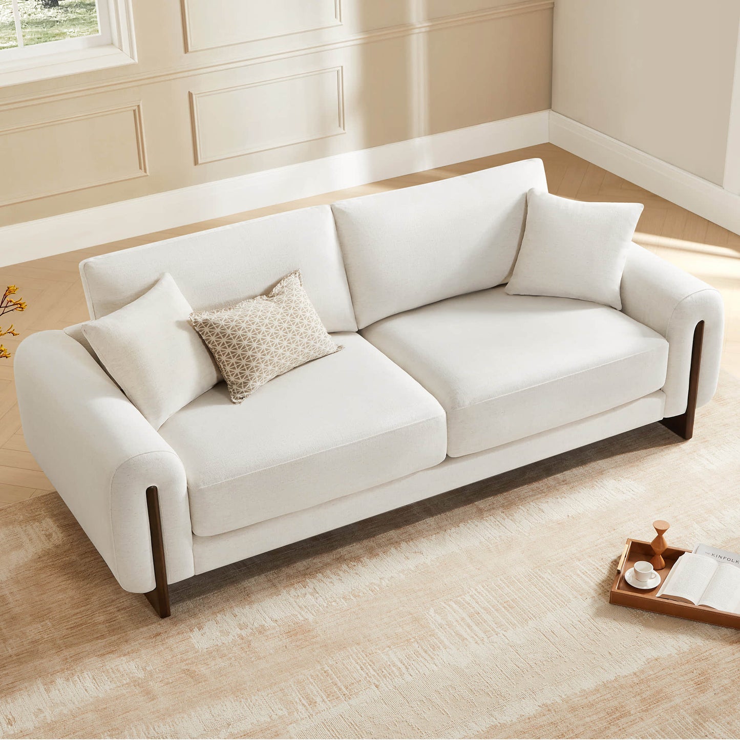 3-Seater Chenille Sofa with Birch Wood Base