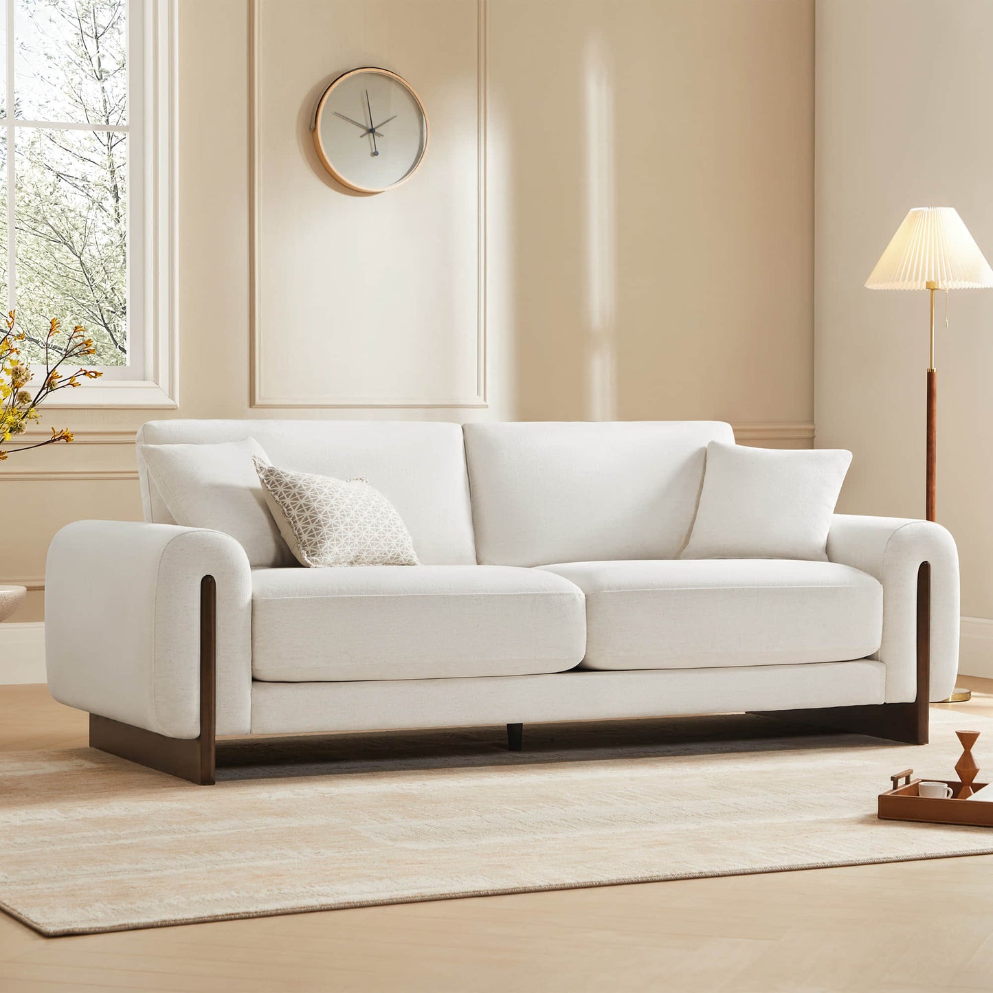 3-Seater Chenille Sofa with Birch Wood Base