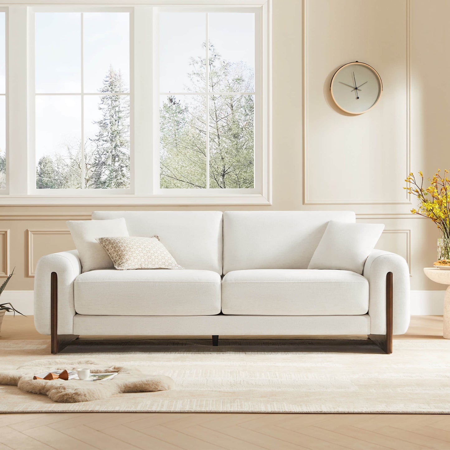3-Seater Chenille Sofa with Birch Wood Base