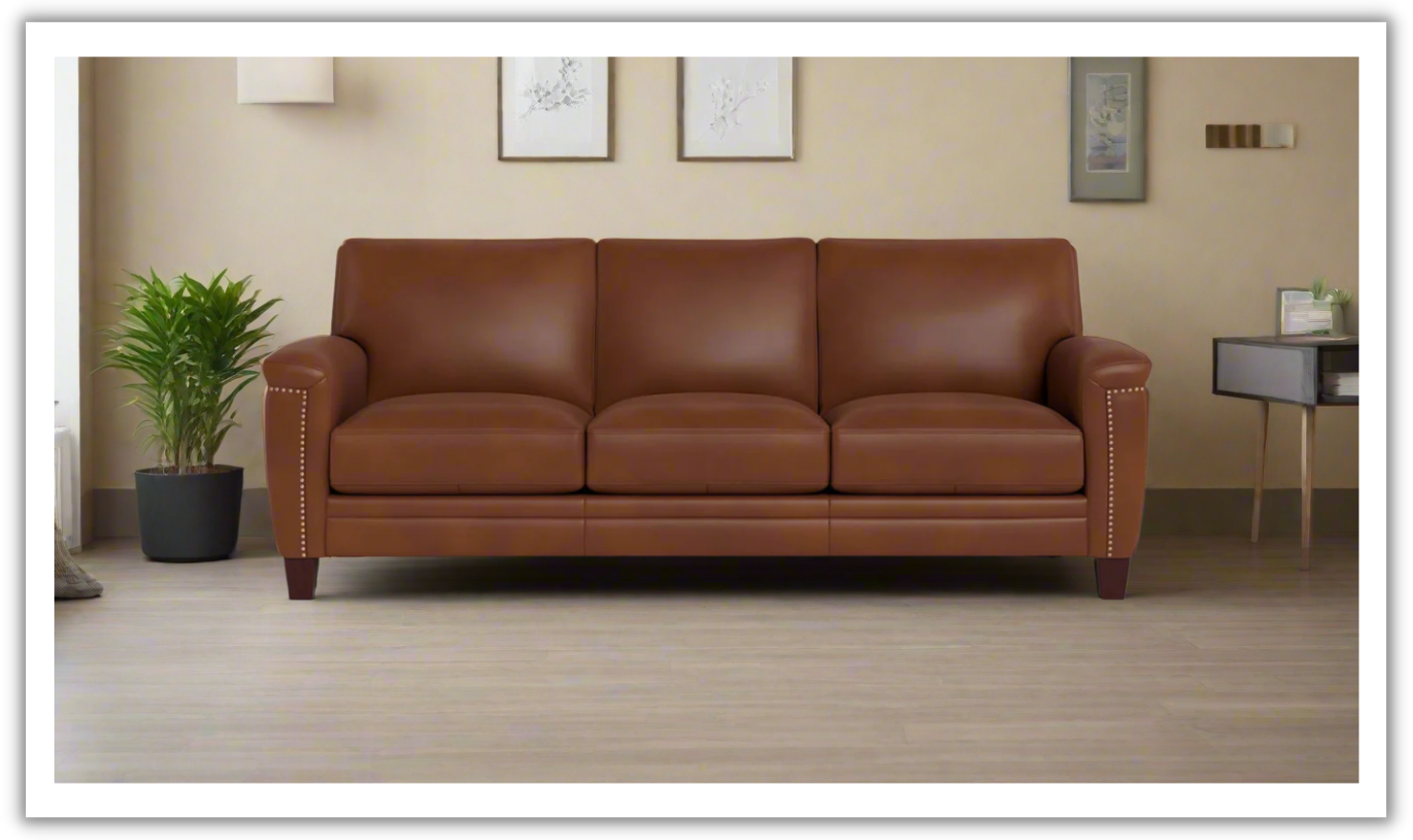 3-Seater Leather Sofa with Nail Head Trim Detail