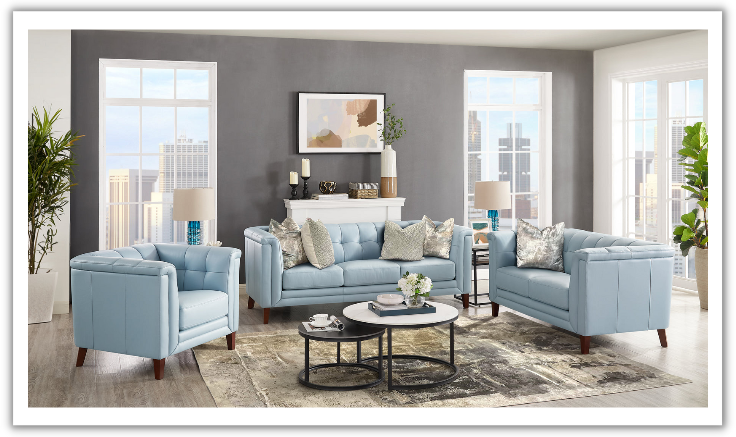 3-Seater Blue Leather Sofa with Tufted Shelter Arms