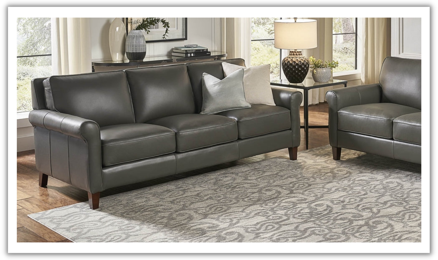 3-Seater Leather Sofa With Rolled Arms in Laguna Design