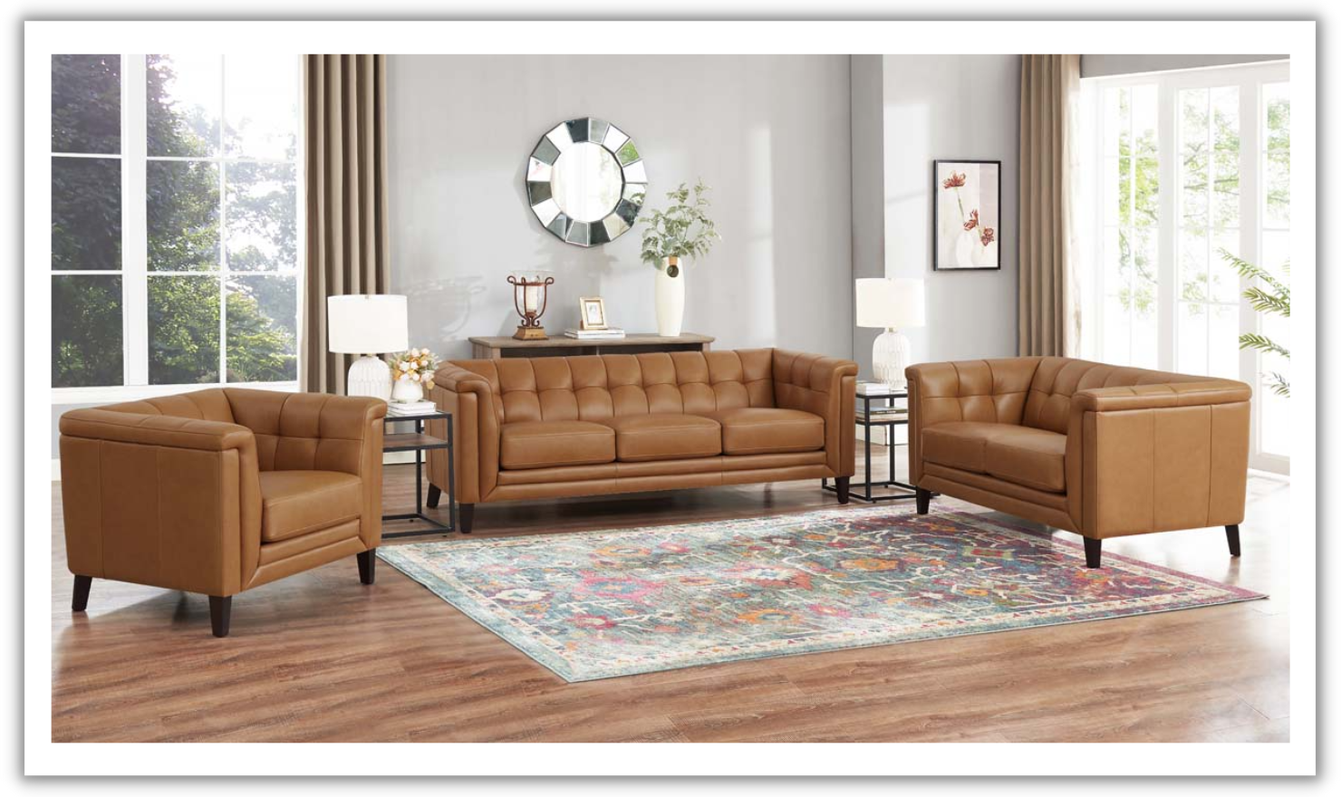 3-Seater Blue Leather Sofa with Tufted Shelter Arms