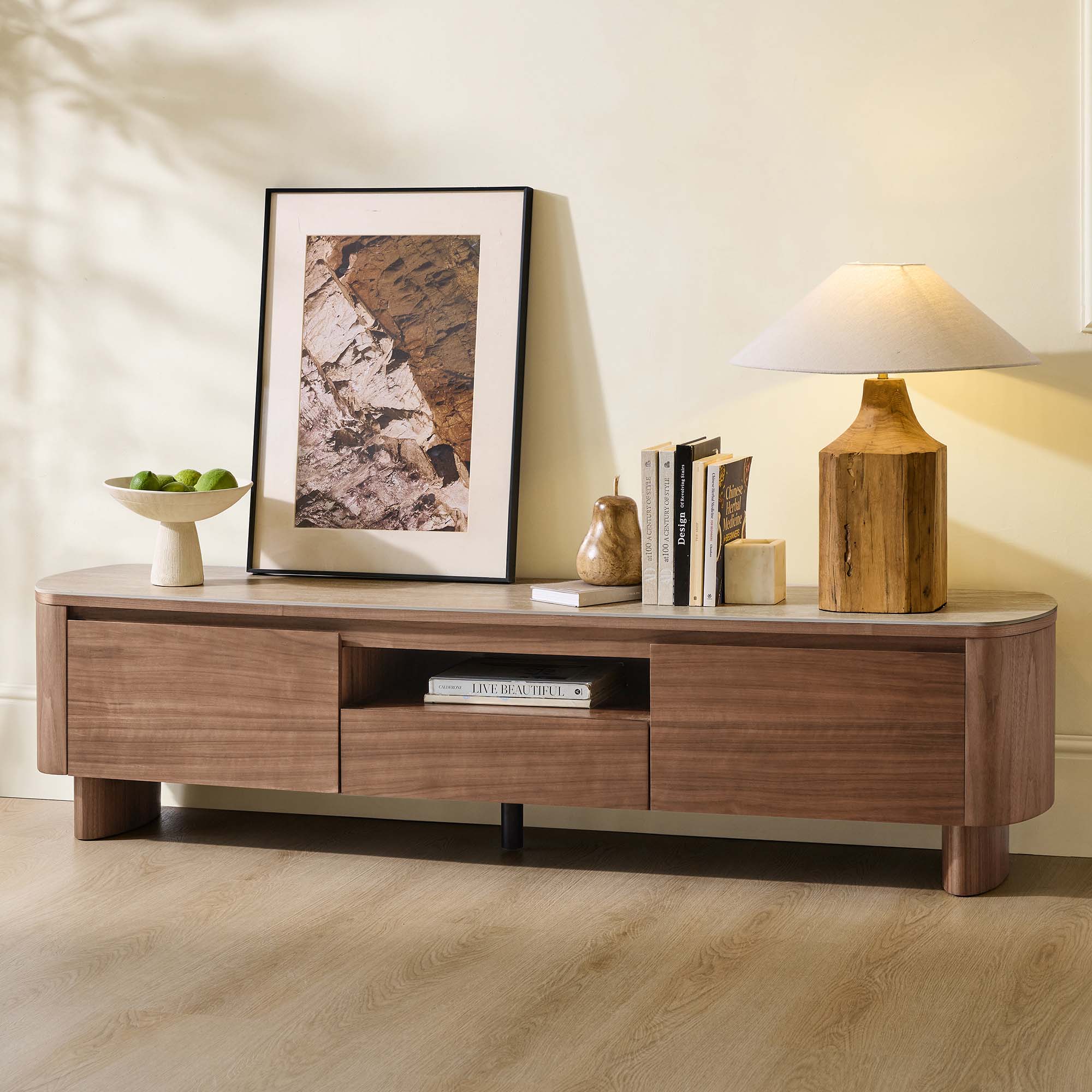 71" Chad Classic Open Shelf Functional TV Stand with Travertine
