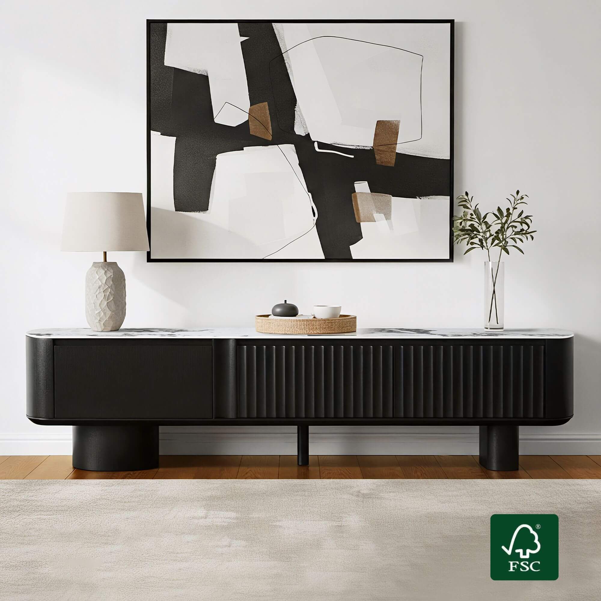 71" Rex Curved Fluted Wooden TV Stand with Drawer
