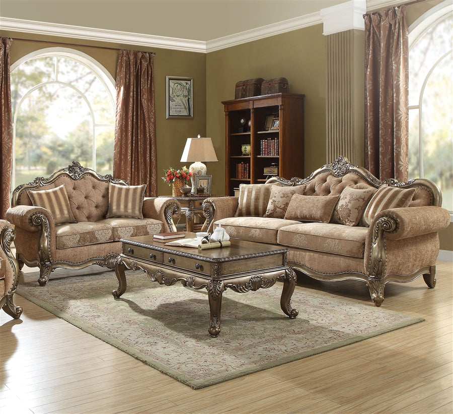 Tufted Fabric Sofa in Brown with Elegant Curved Arms