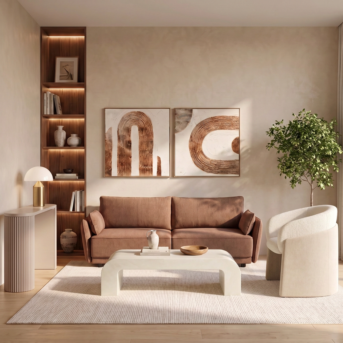 Lounge Chair in Off White with Curved Back Design