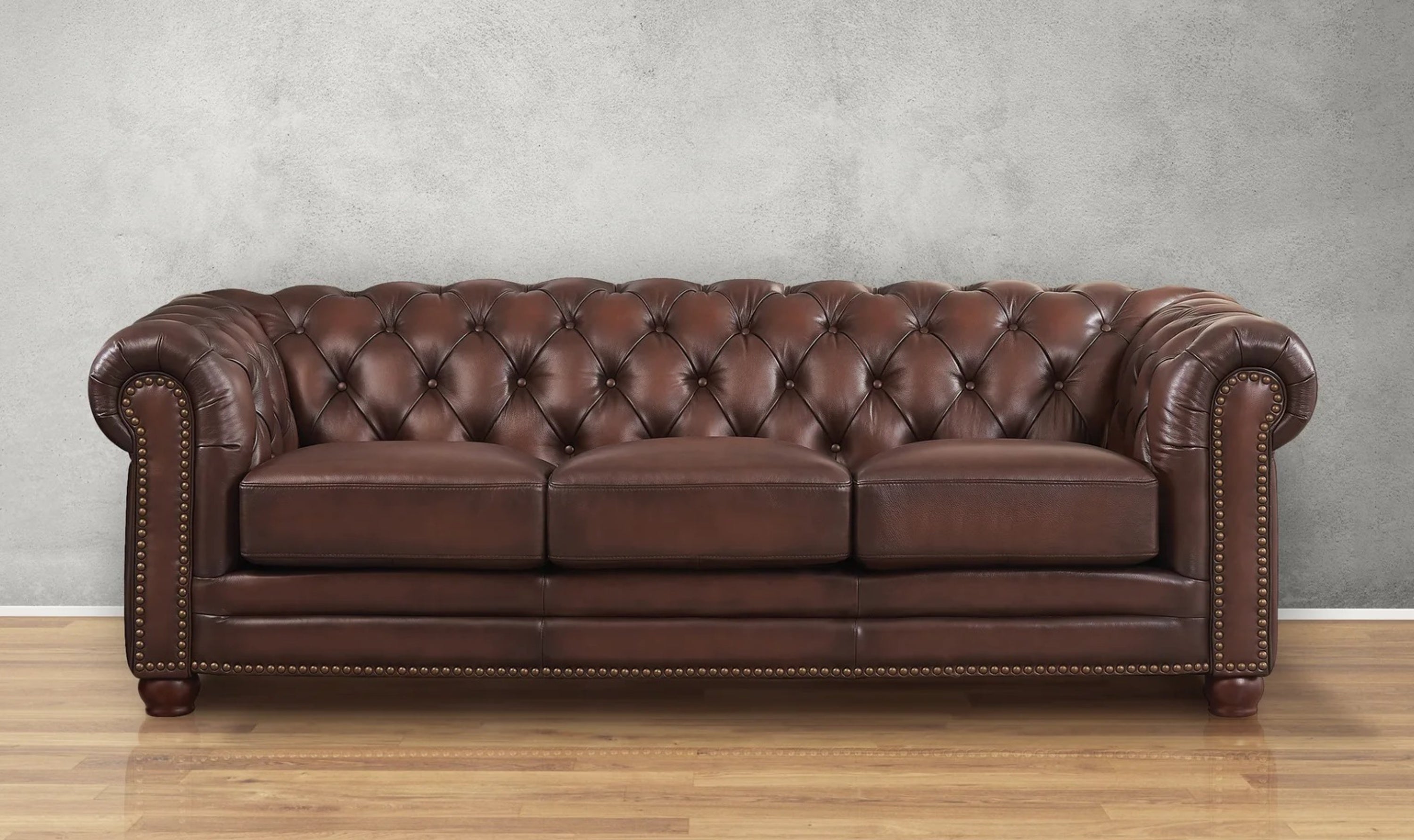 3-Seater Leather Sofa with Rolled Arms in Classic Brown