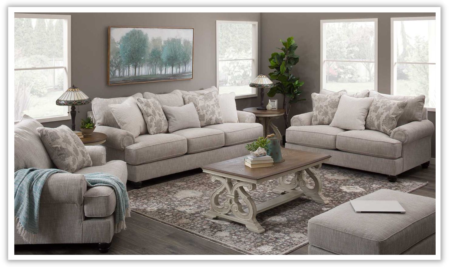 3-Seater Fog Fabric Sofa with Rolled Arms and Heritage Design