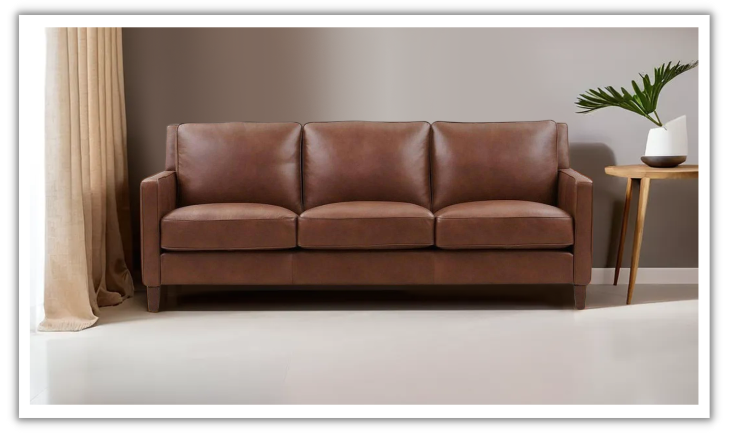3-Seater Leather Sofa in Pecan Brown with Clean Lines