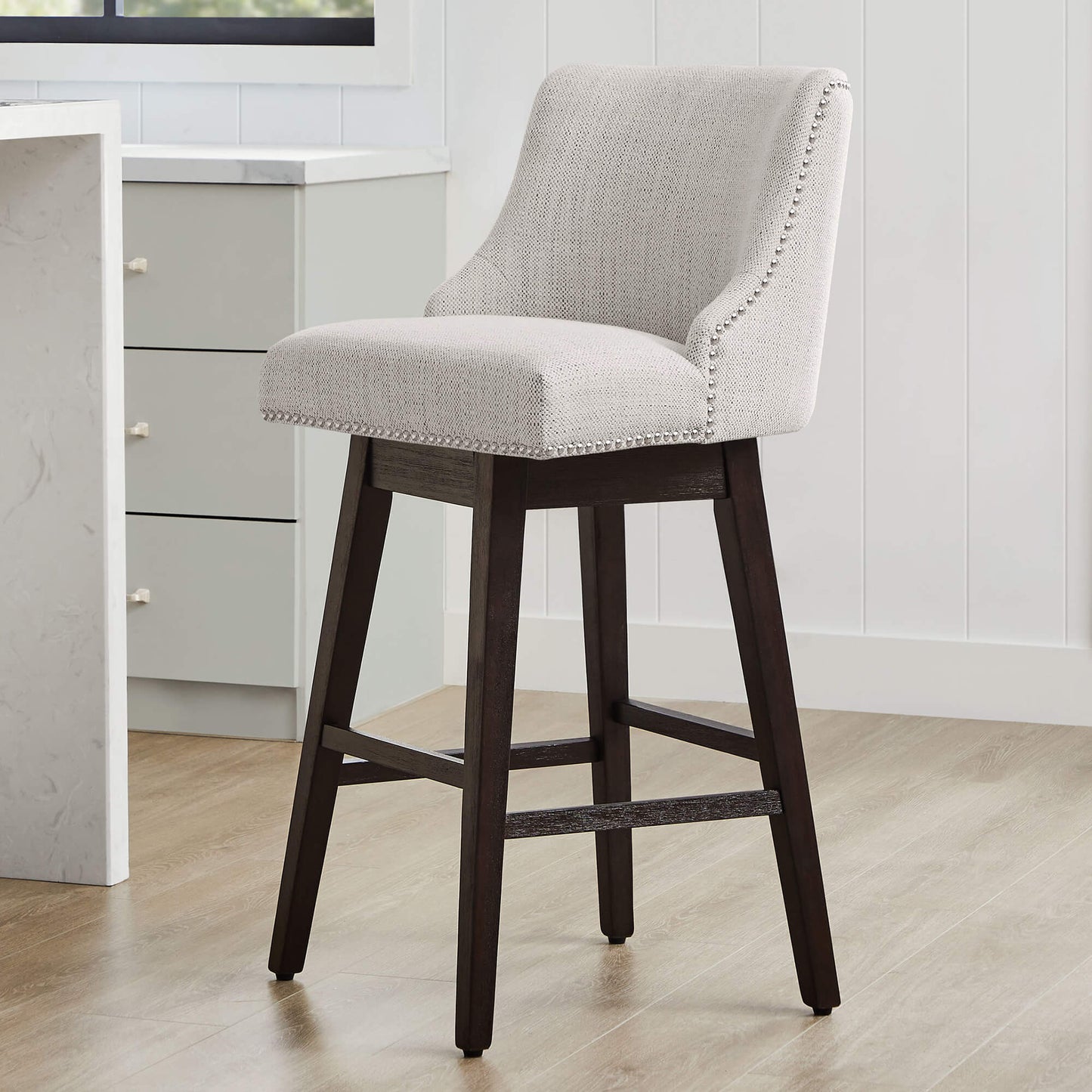Swivel Bar Stool with Nailhead Trim and Wooden Seat