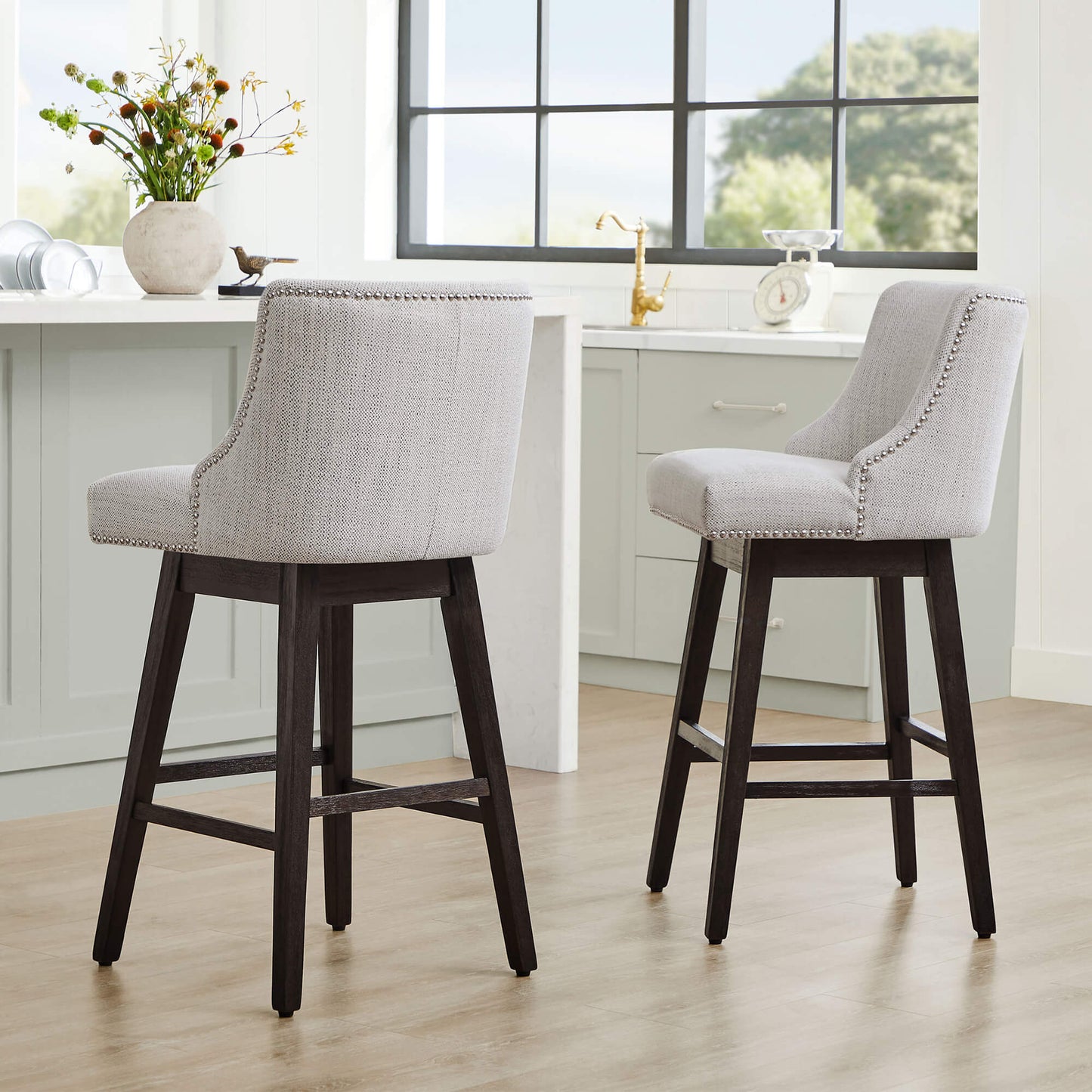 Swivel Bar Stool with Nailhead Trim and Wooden Seat