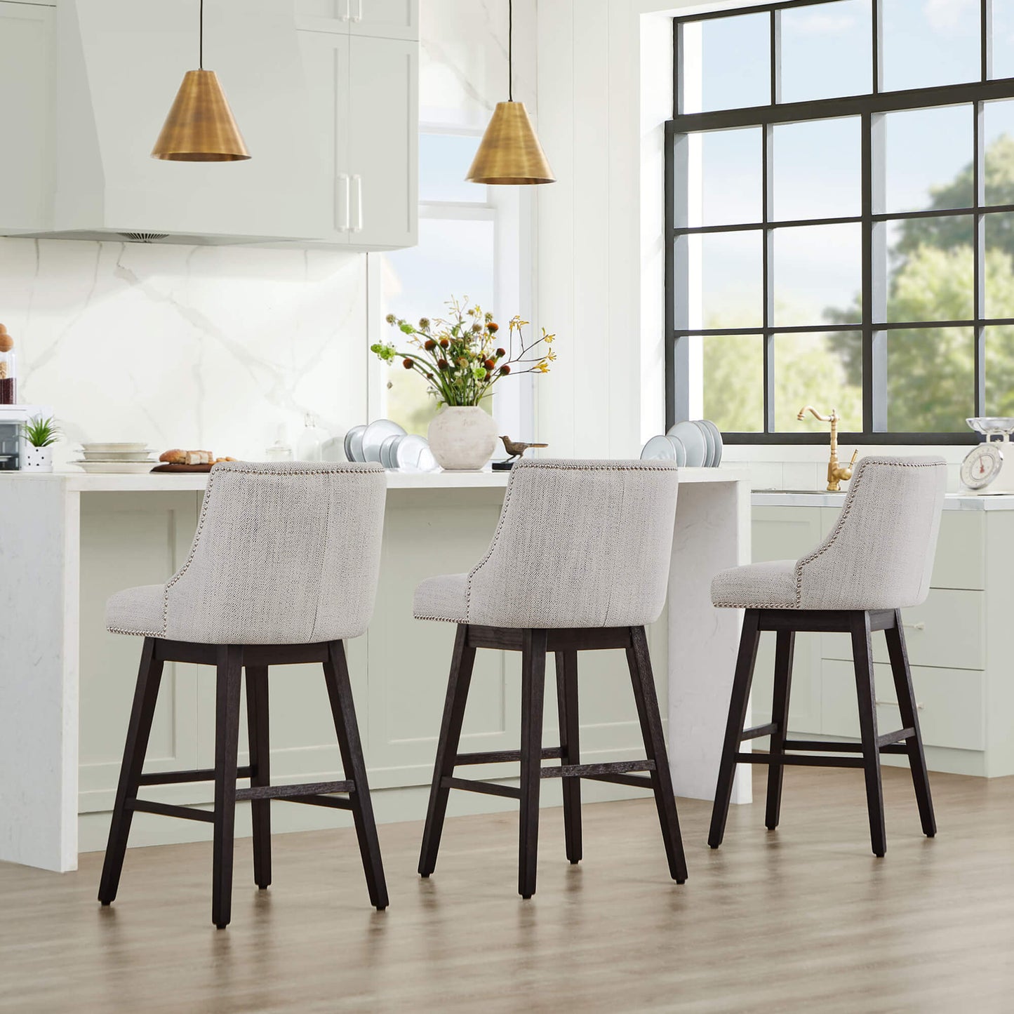 Swivel Bar Stool with Nailhead Trim and Wooden Seat