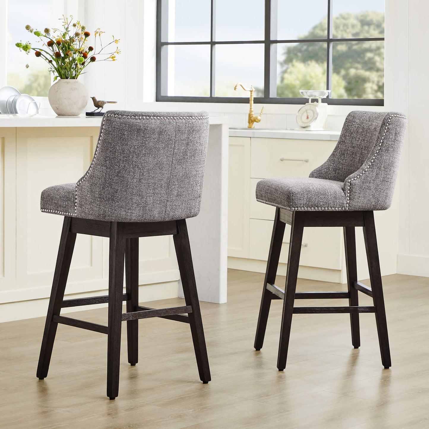 Swivel Bar Stool with Nailhead Trim and Wooden Seat