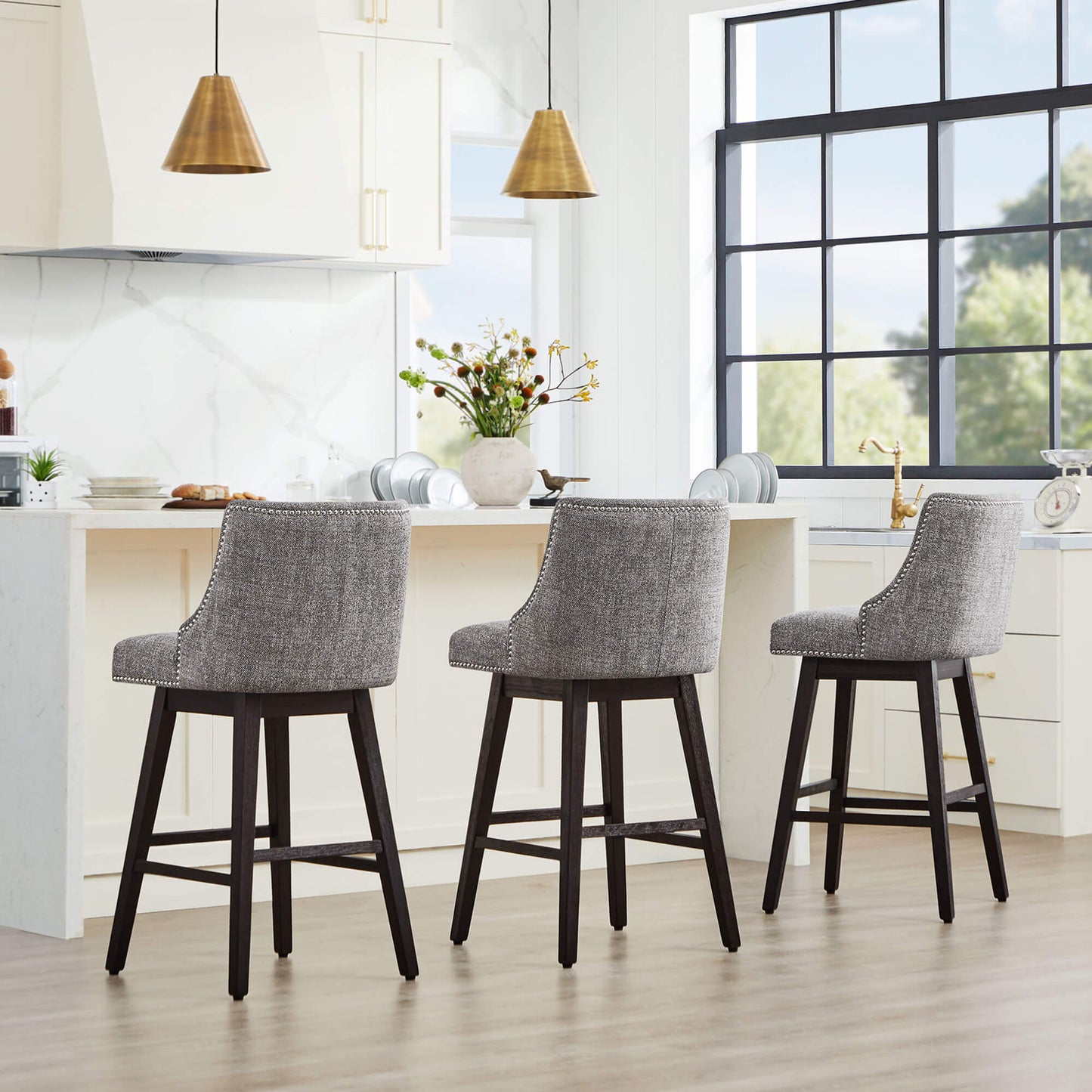 Swivel Bar Stool with Nailhead Trim and Wooden Seat