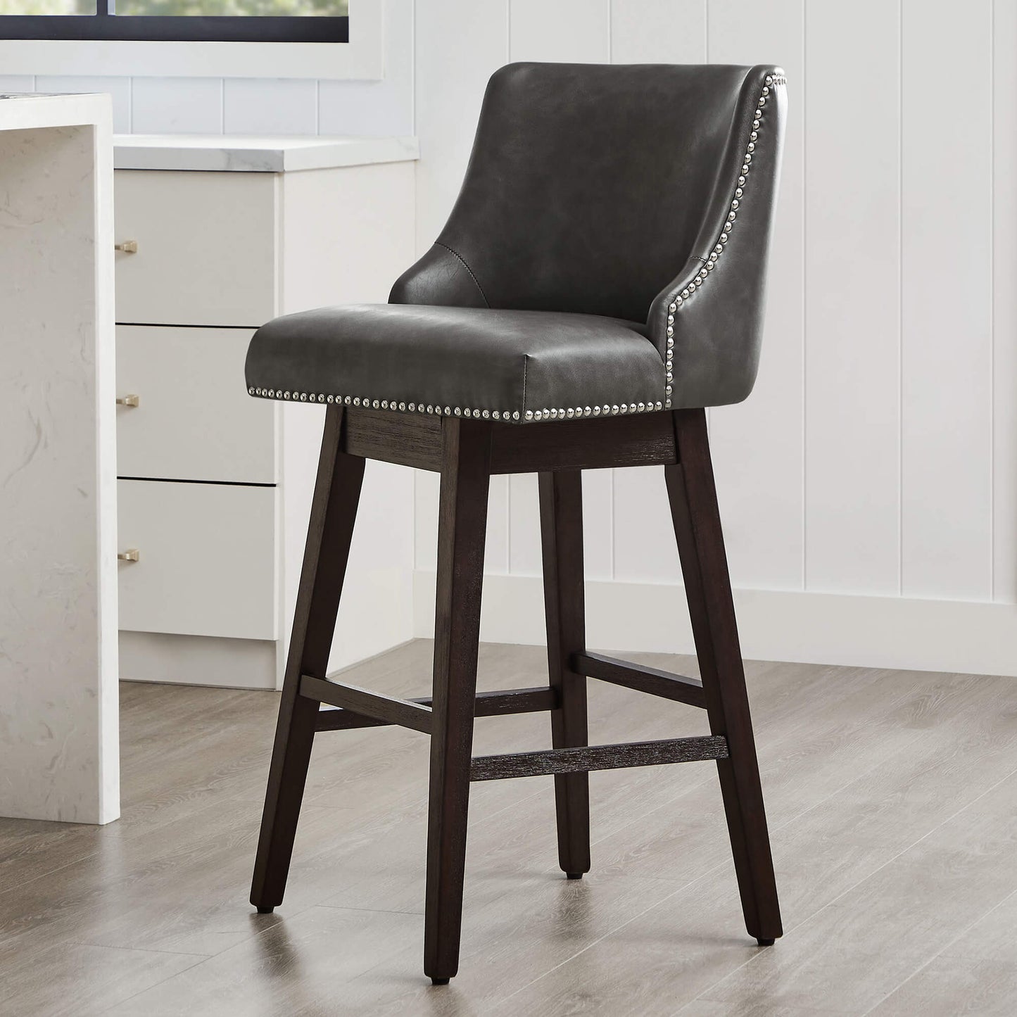 Swivel Bar Stool with Nailhead Trim and Wooden Seat