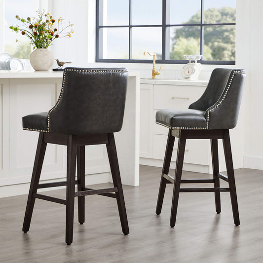 Swivel Bar Stool with Nailhead Trim and Wooden Seat