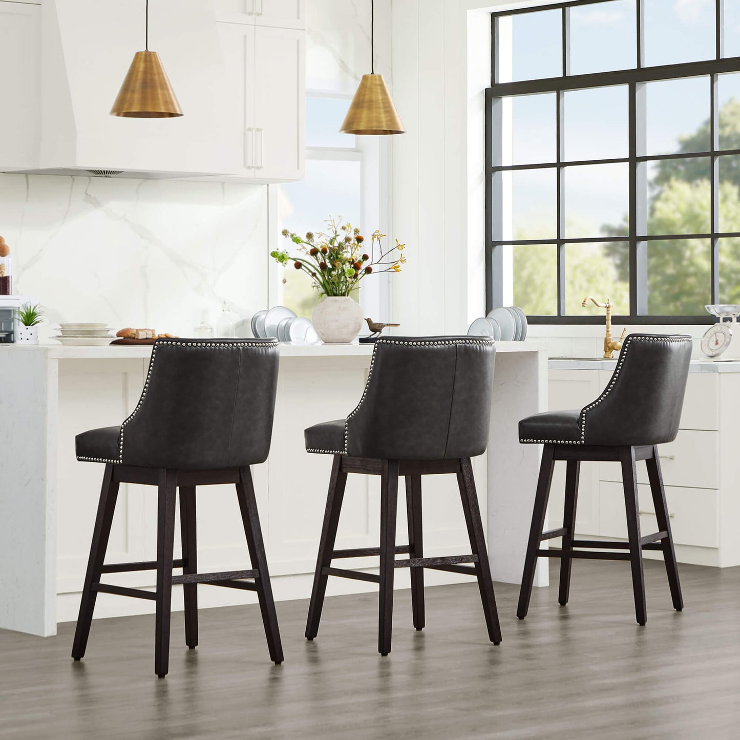 Swivel Bar Stool with Nailhead Trim and Wooden Seat