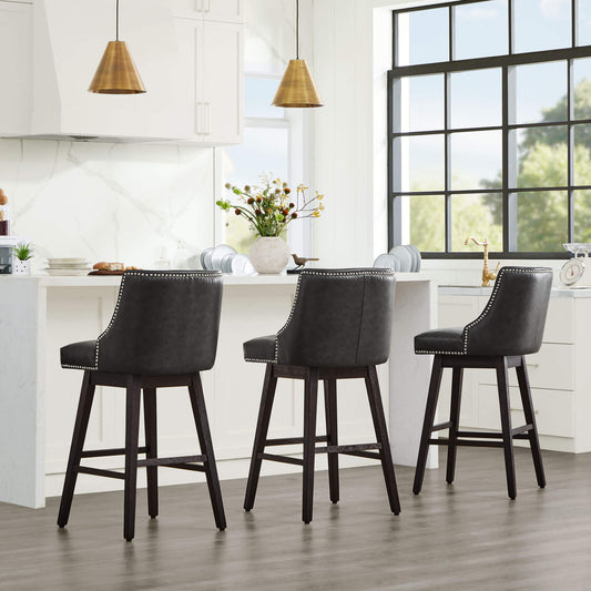 Swivel Bar Stool with Nailhead Trim and Wooden Seat