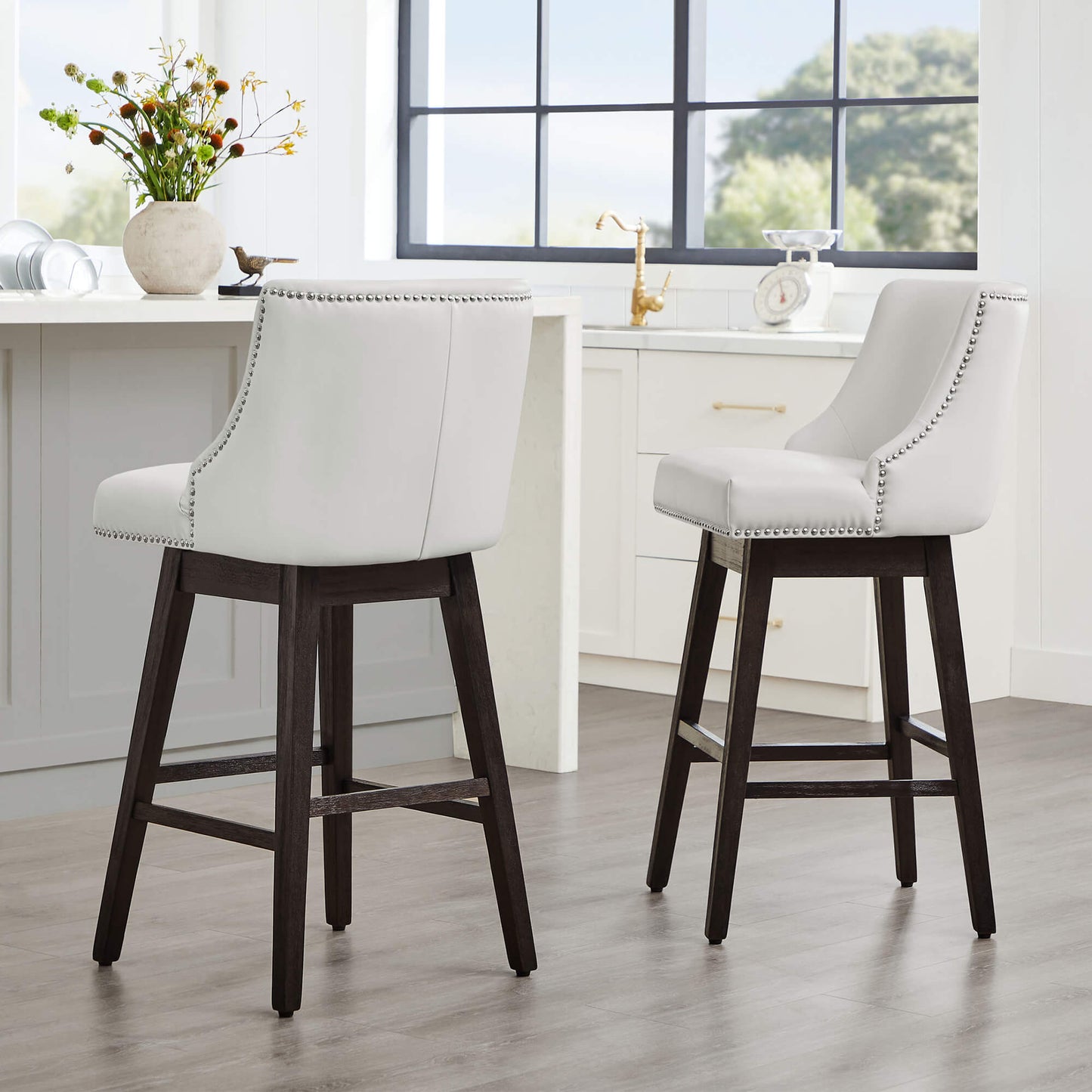 Swivel Bar Stool with Nailhead Trim and Wooden Seat