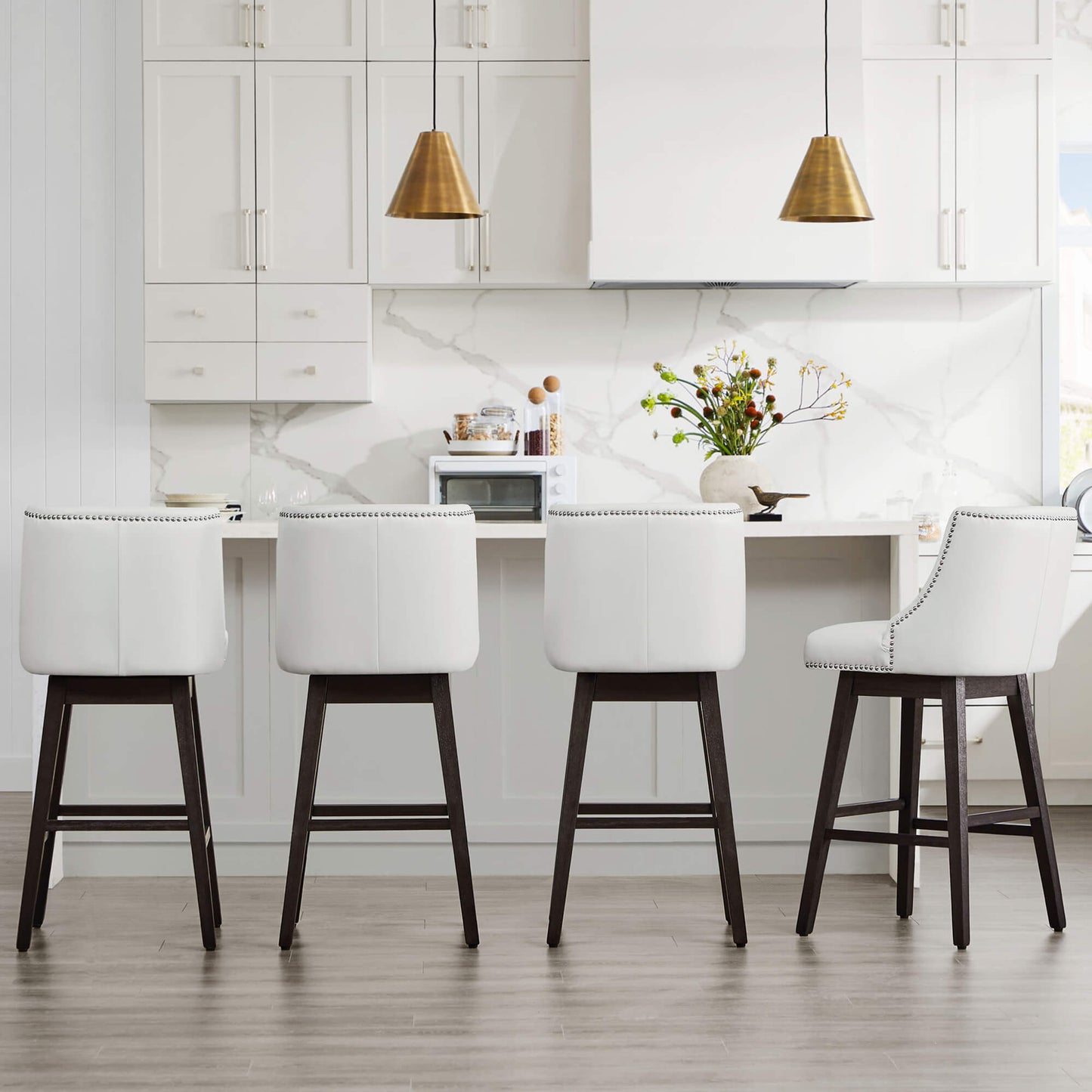 Swivel Bar Stool with Nailhead Trim and Wooden Seat