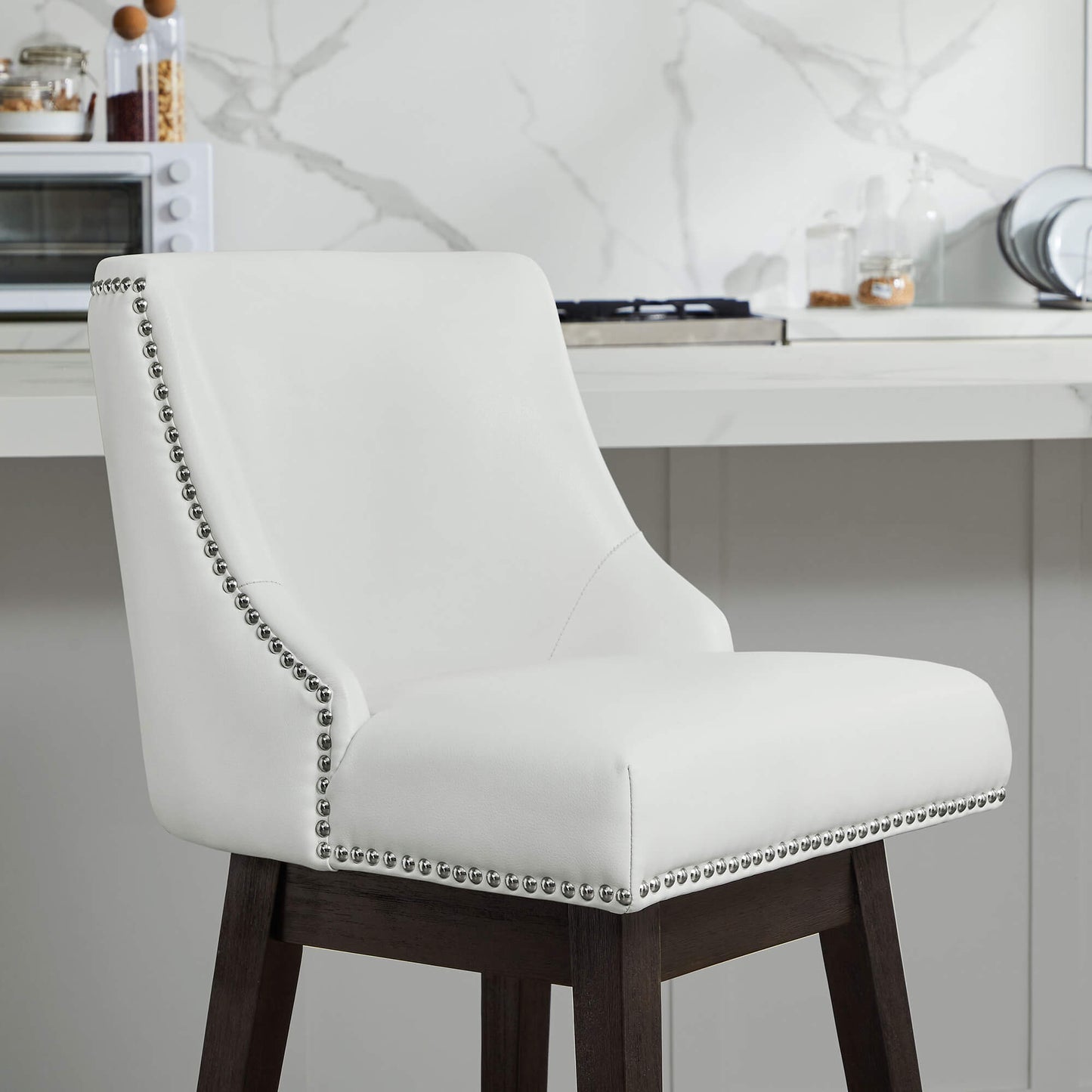 Swivel Bar Stool with Nailhead Trim and Wooden Seat