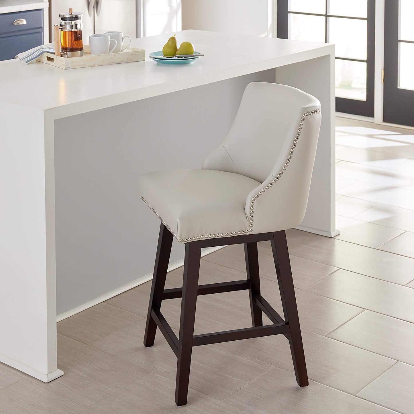 Swivel Bar Stool with Nailhead Trim and Wooden Seat