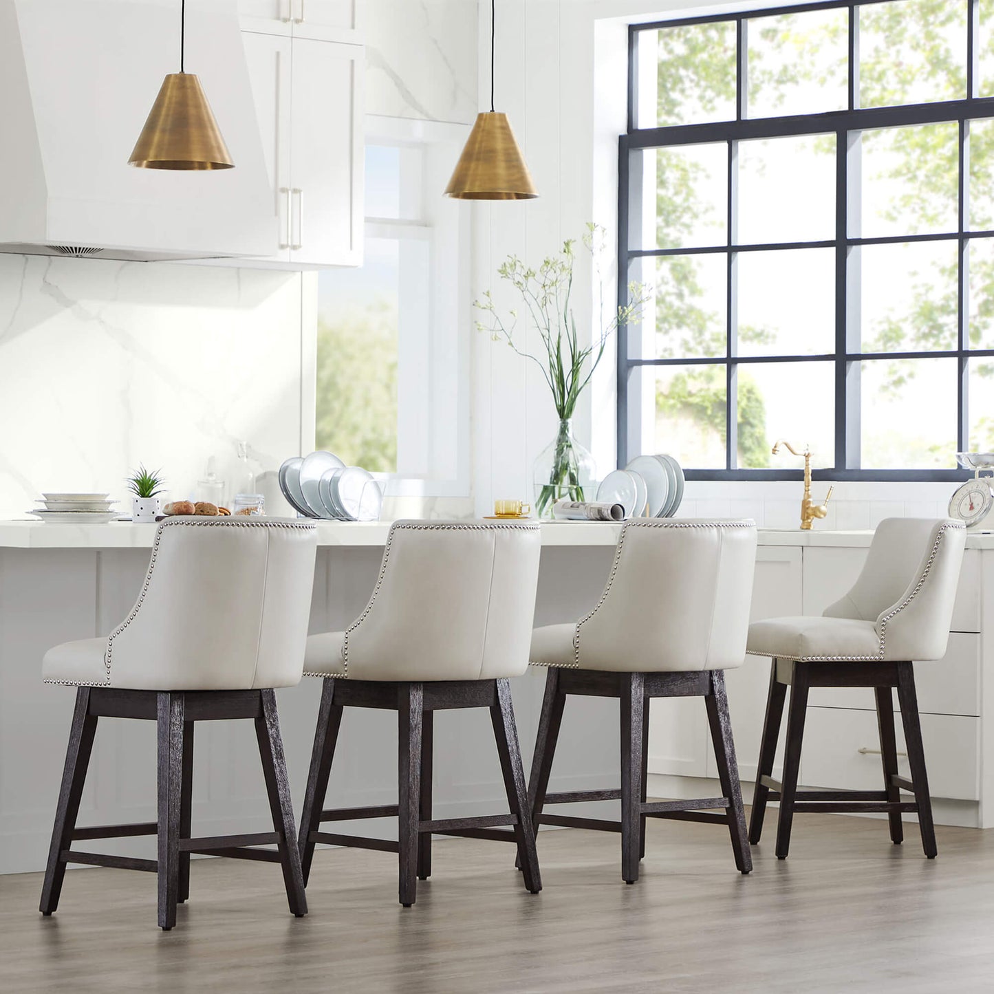 Swivel Bar Stool with Nailhead Trim and Wooden Seat