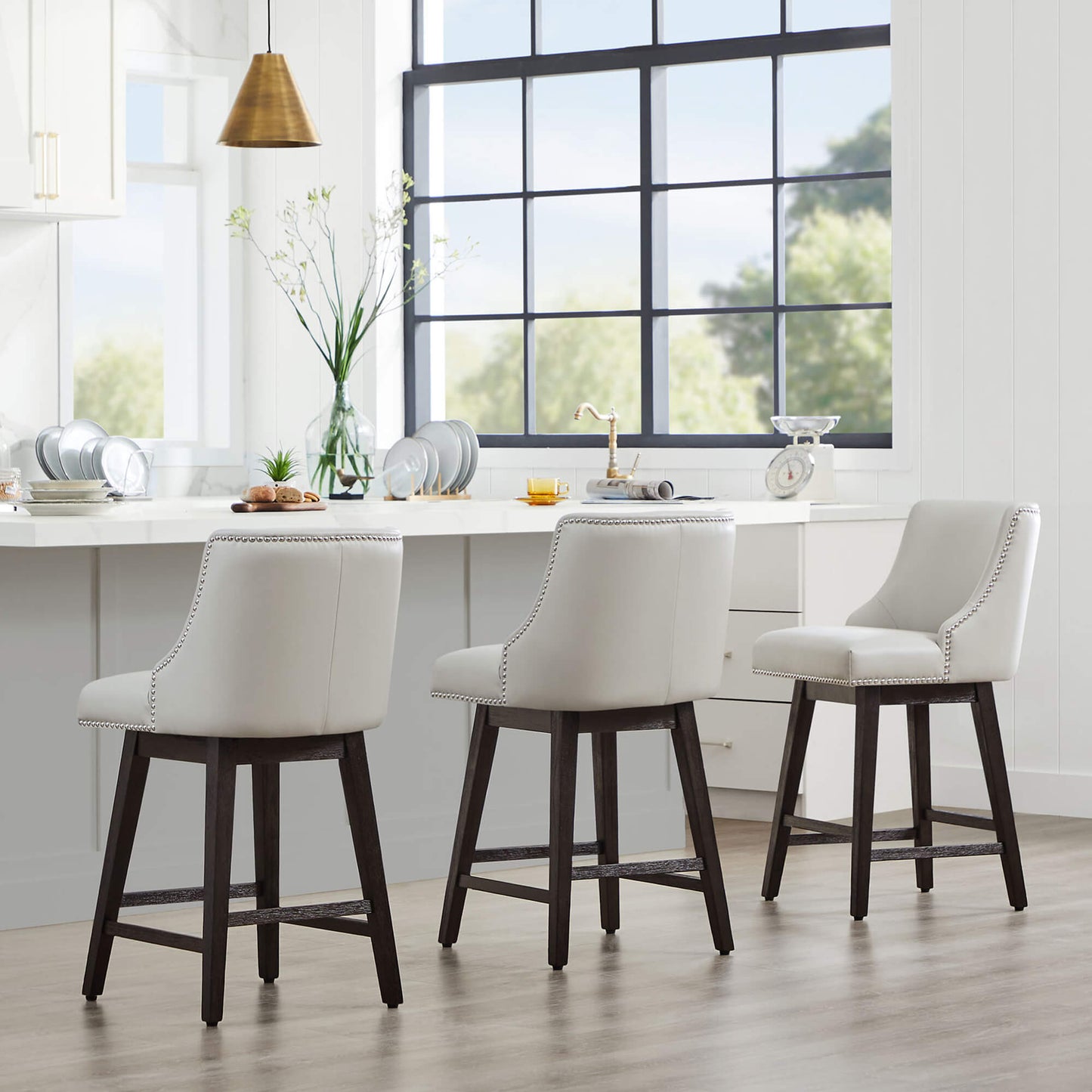 Swivel Bar Stool with Nailhead Trim and Wooden Seat