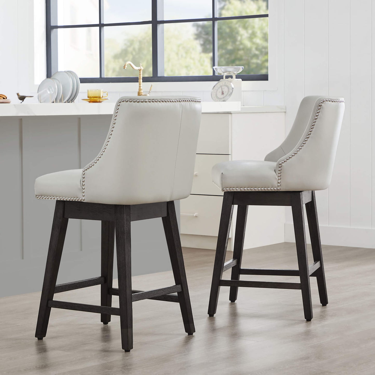 Swivel Bar Stool with Nailhead Trim and Wooden Seat