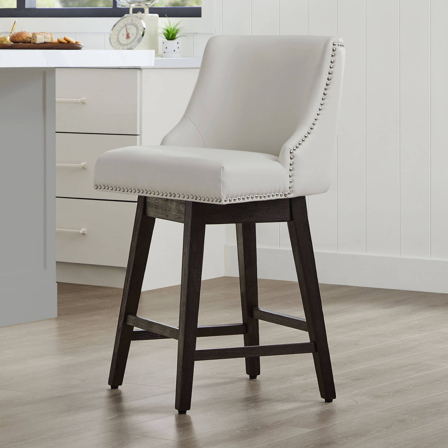 Swivel Bar Stool with Nailhead Trim and Wooden Seat
