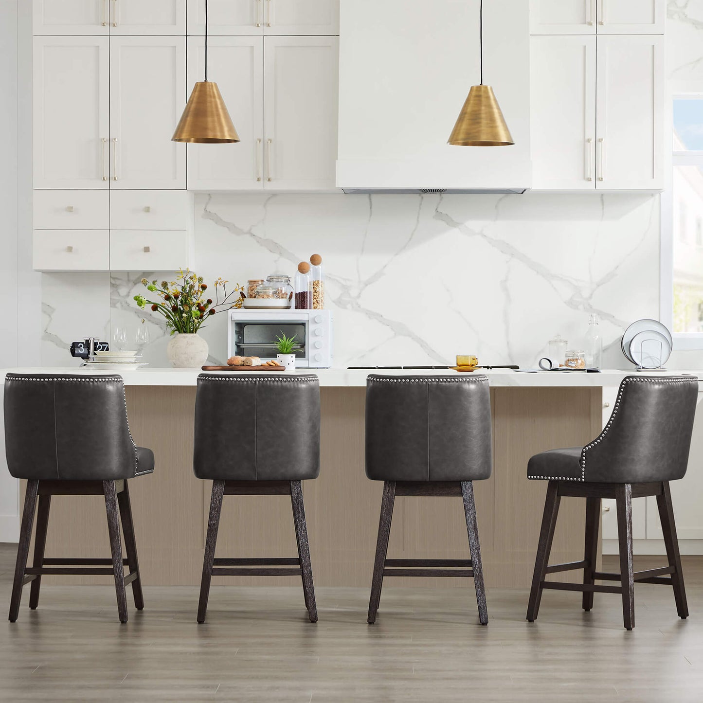 Swivel Bar Stool with Nailhead Trim and Wooden Seat