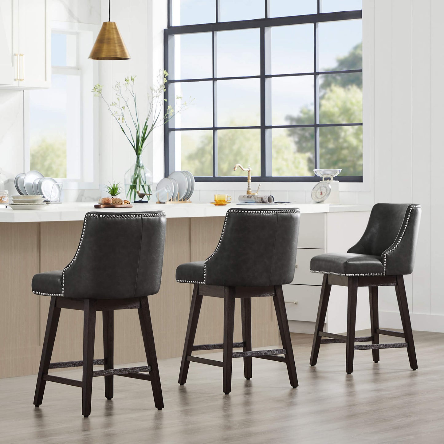 Swivel Bar Stool with Nailhead Trim and Wooden Seat