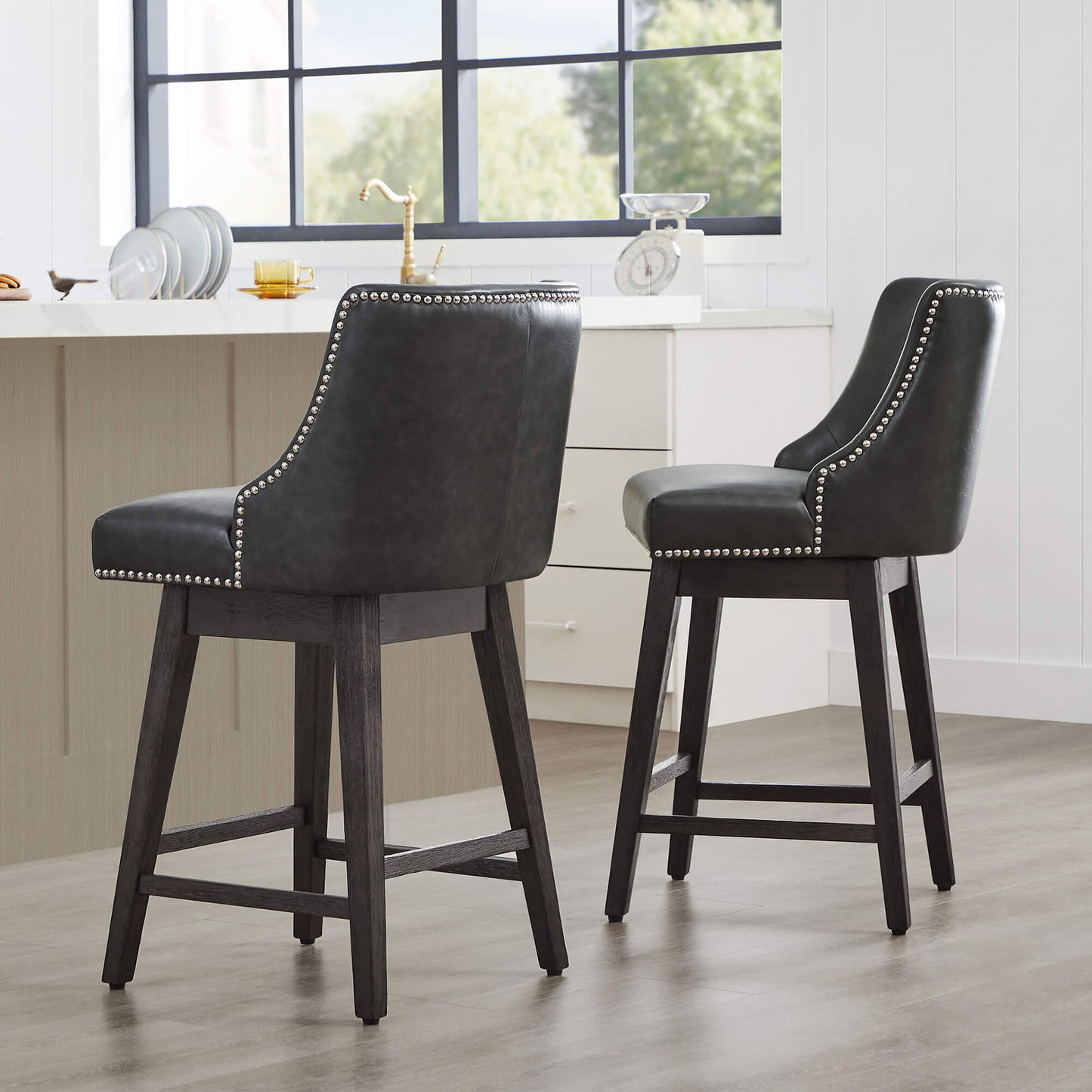 Swivel Bar Stool with Nailhead Trim and Wooden Seat