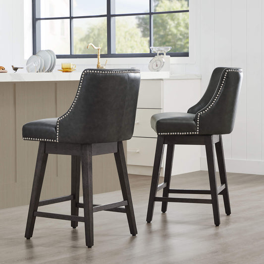 Swivel Bar Stool with Nailhead Trim and Wooden Seat