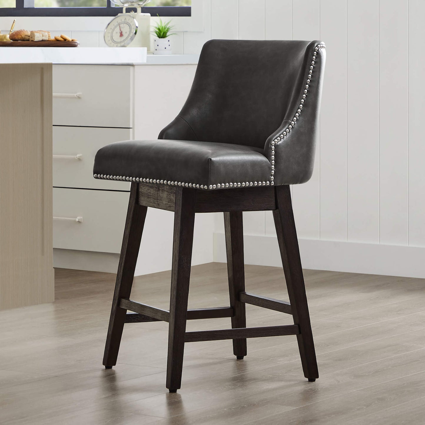 Swivel Bar Stool with Nailhead Trim and Wooden Seat