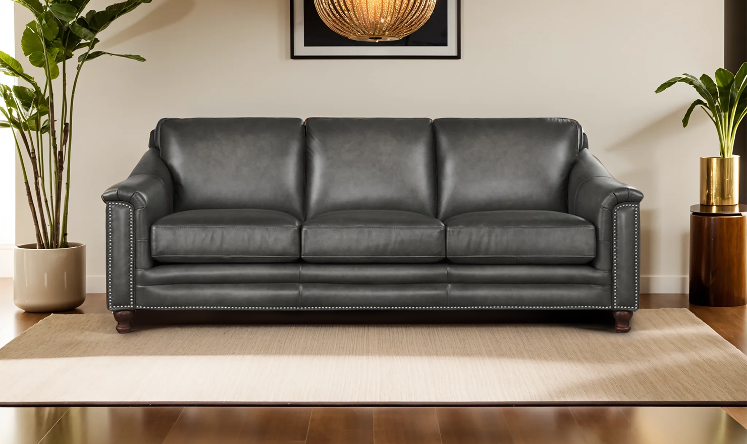 3-Seater Leather Sofa with Nailhead Trim