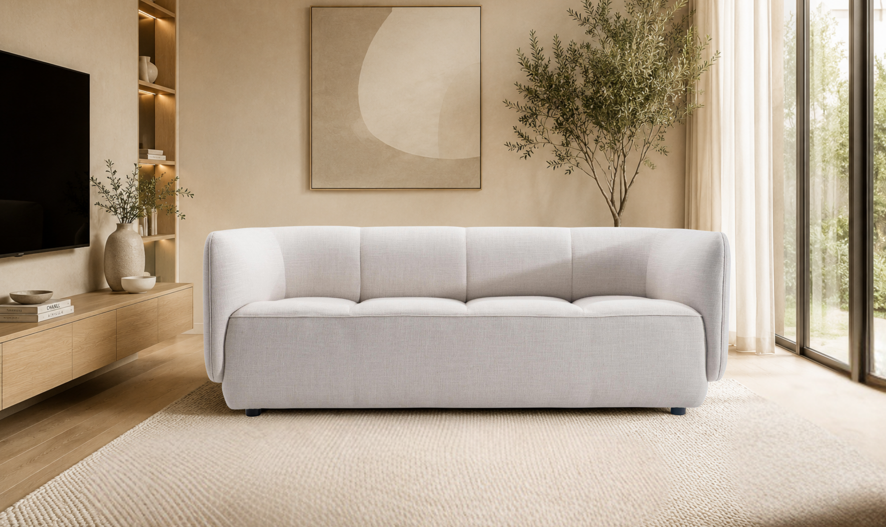 Modern Fabric Shelter Arm Sofa in Beige with Sleek Lines