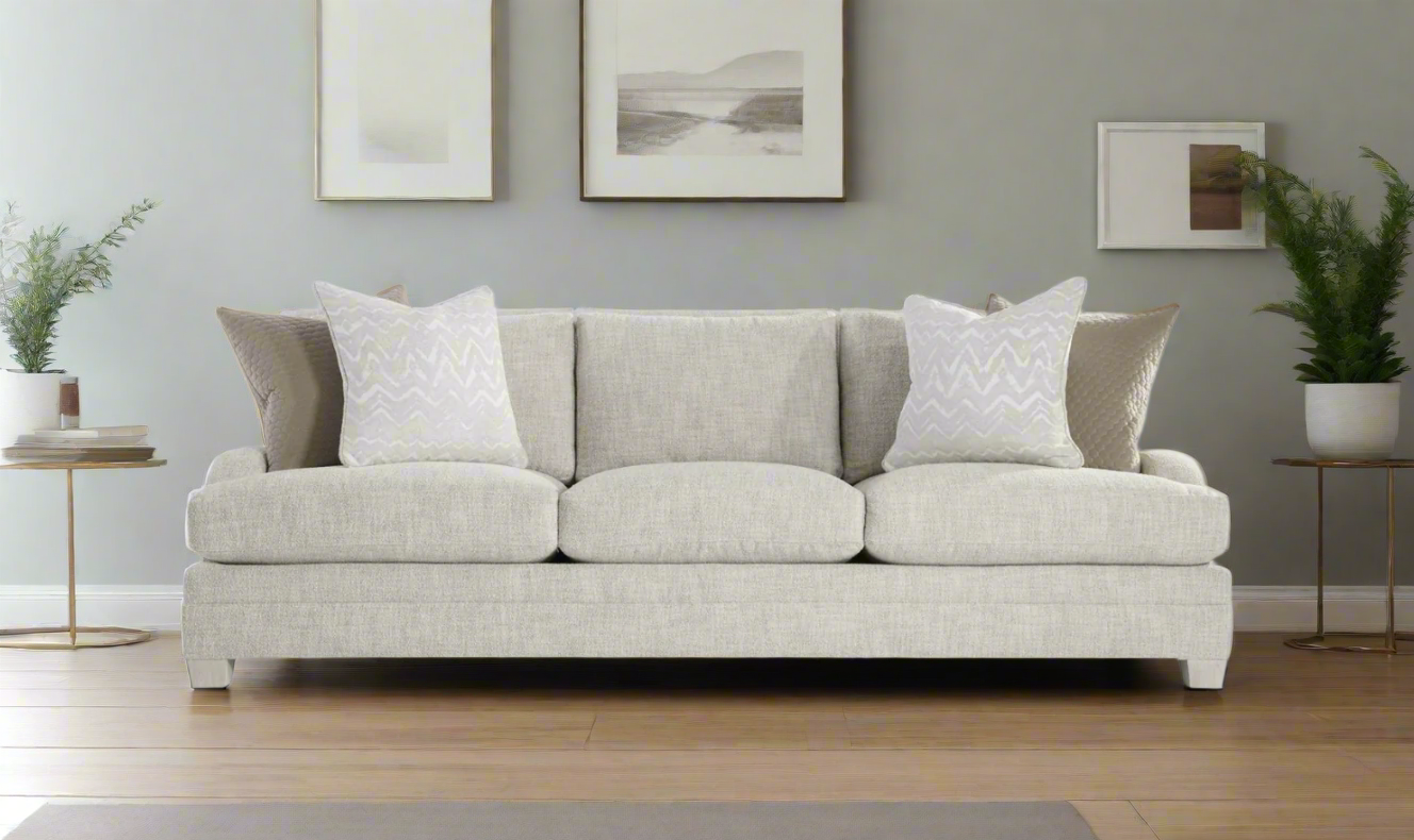 3-Seater Gray Fabric Sofa with Four Accent Pillows