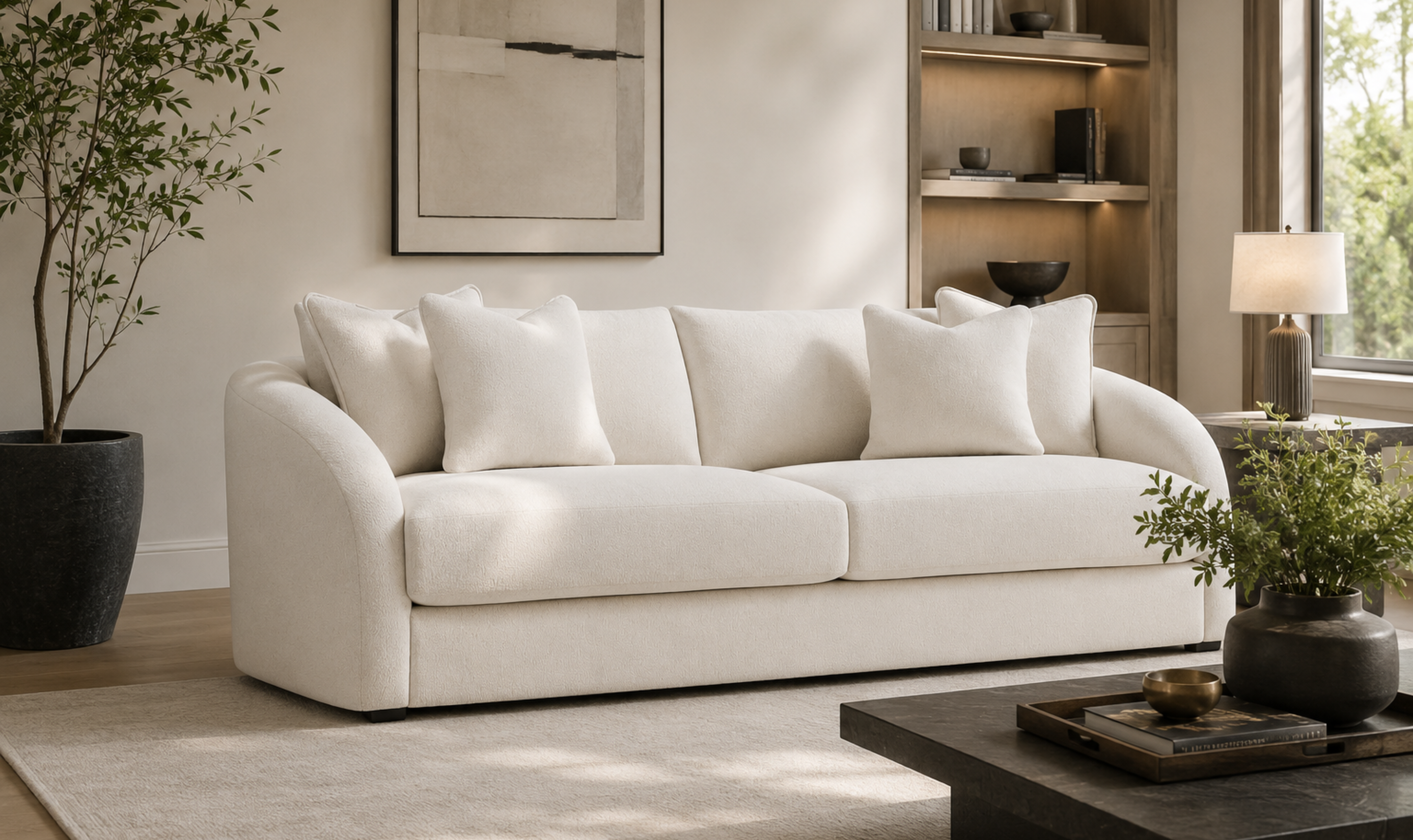 2-Seater Sofa in Beige Boucle Fabric with Slope Arms