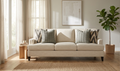 3-Seater Cream Fabric Sofa with Recessed Arms