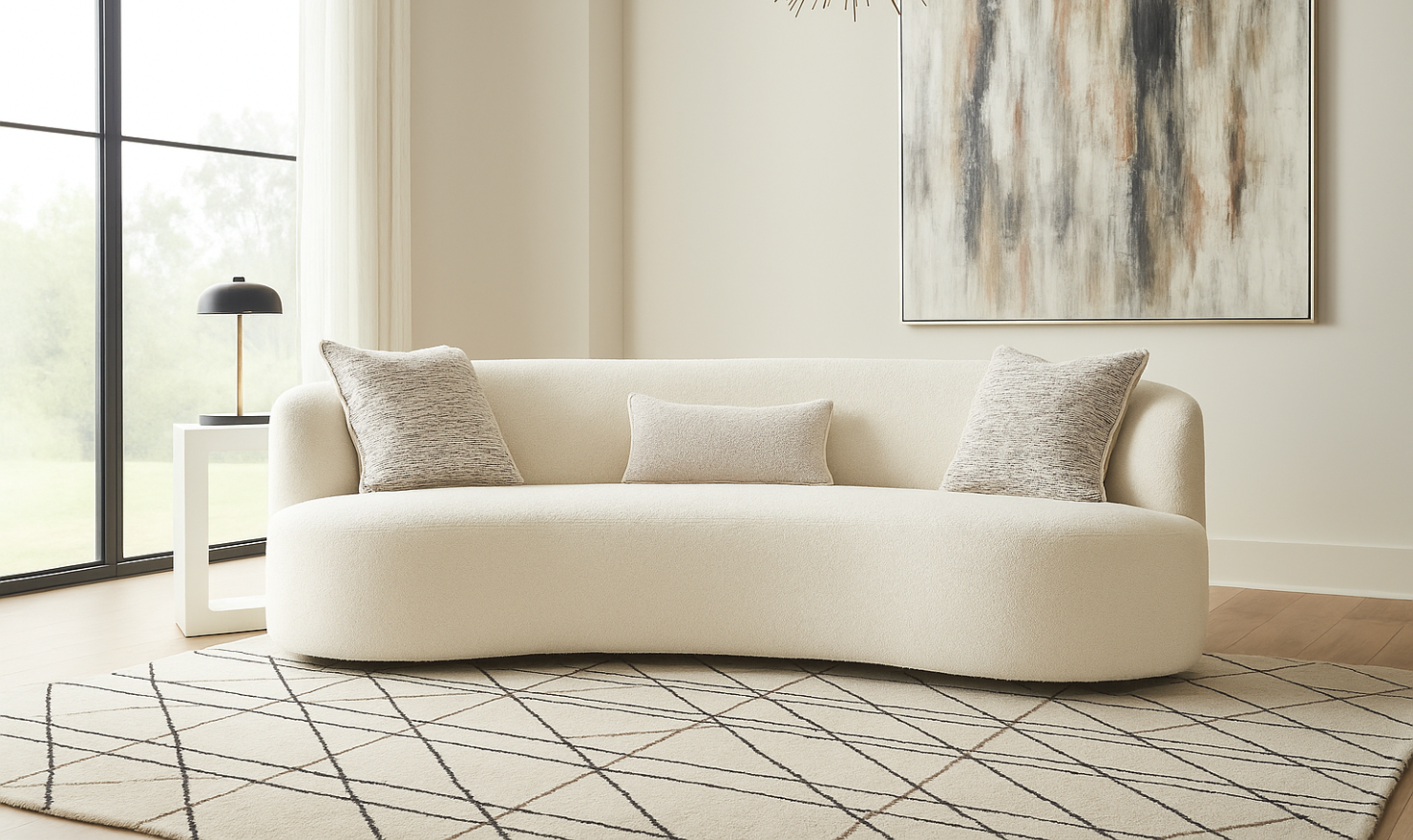 Fabric 3-Seater Sofa in White with Feather Down Cushions