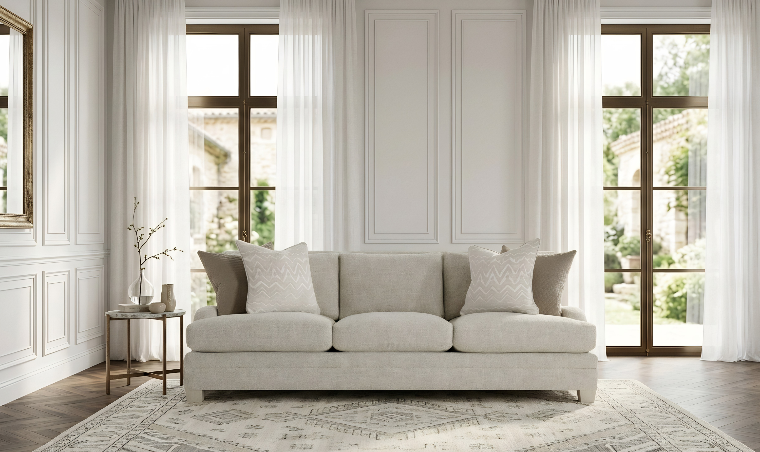 3-Seater Gray Fabric Sofa with Four Accent Pillows