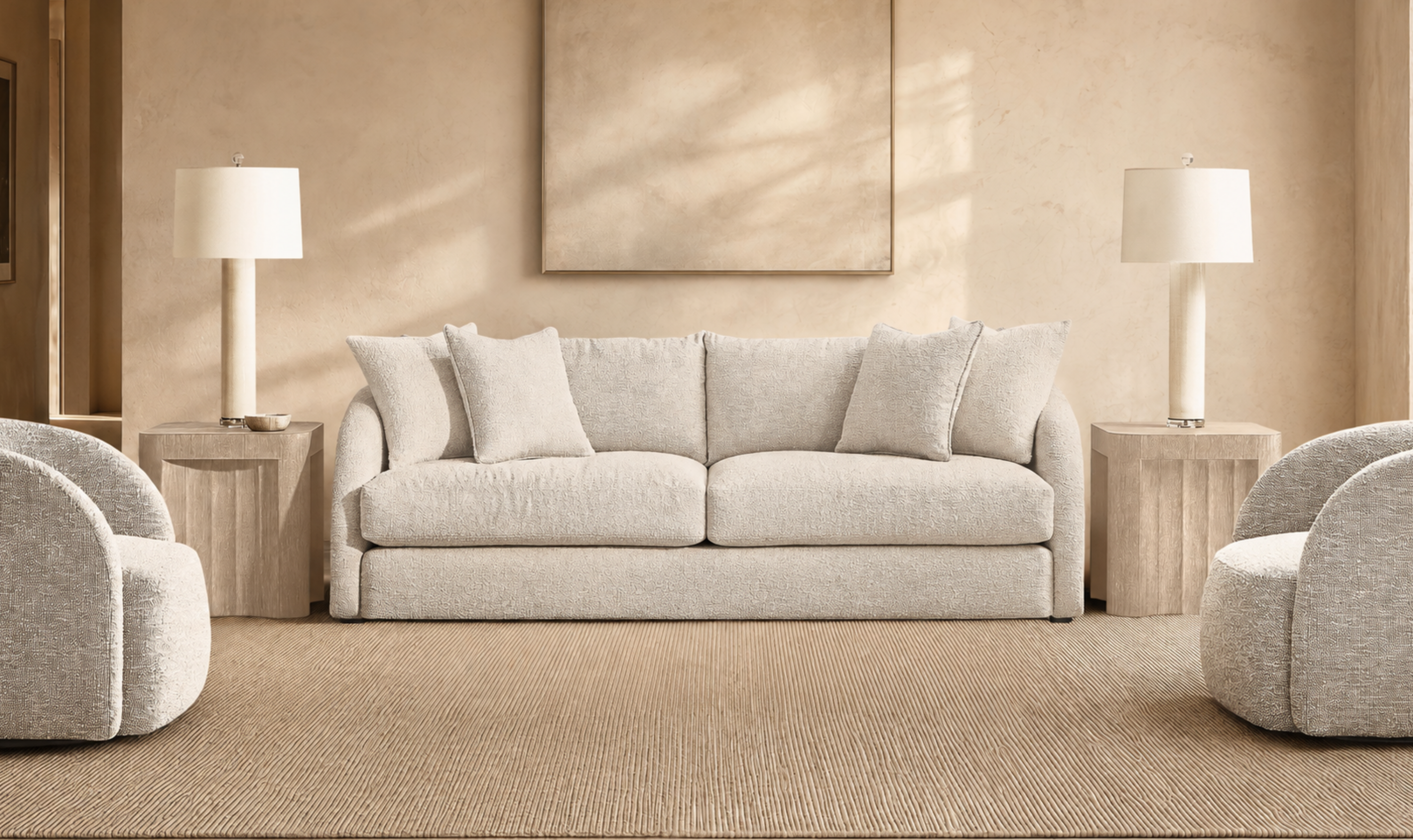 2-Seater Sofa in Beige Boucle Fabric with Slope Arms